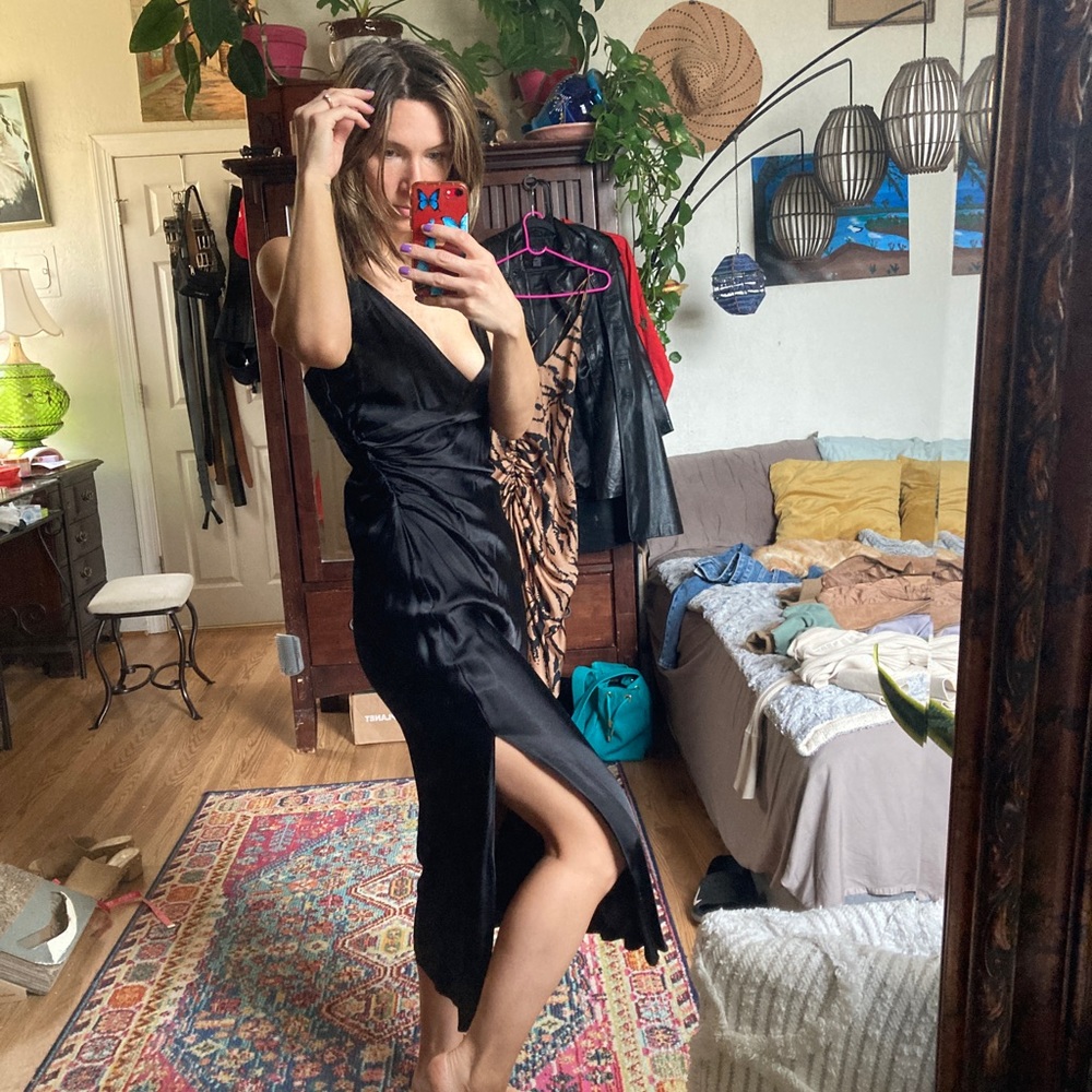 Draped black midi dress satin finish